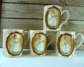 Set of Four Vintage Shabby Chic Sears Roebuck Girl with Apron and Serving Tray Coffee Cups, Mugs, 1978