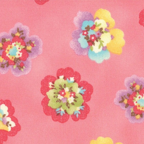 SALE - 1/2 yard Moda Coquette Petal by Chez Moi for Moda  - Pink Background with blue, yellow and green flowers