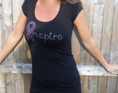 Rhinestone T- Shirt, Breast Cancer, Awareness Clothing, Bling Tee, Sparkle Shirt, Inspire, Black Stretch