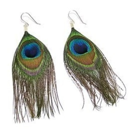 SALE 1.50 Peacock Feather Earrings 1 pair in silver tone dangle Natural Peacock 6" long x 3" wide
