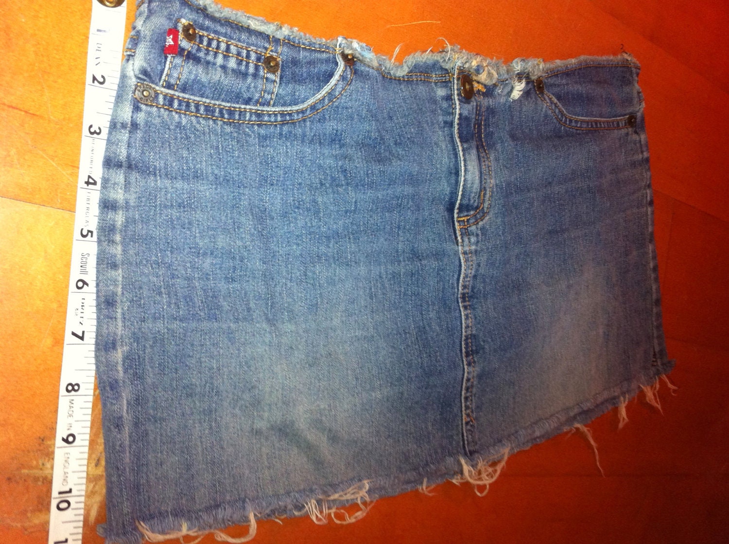 Denim Cut up Distressed Waisted Faded Blue Denim Mini Skirt with Orange Stitching Jean Skirt