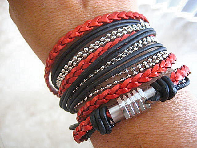 Boho Chic Pearlized Red and Black Leather Wrap Bracelet with Silver Accents... Magnetic Clasp ..."FREE SHIPPING"