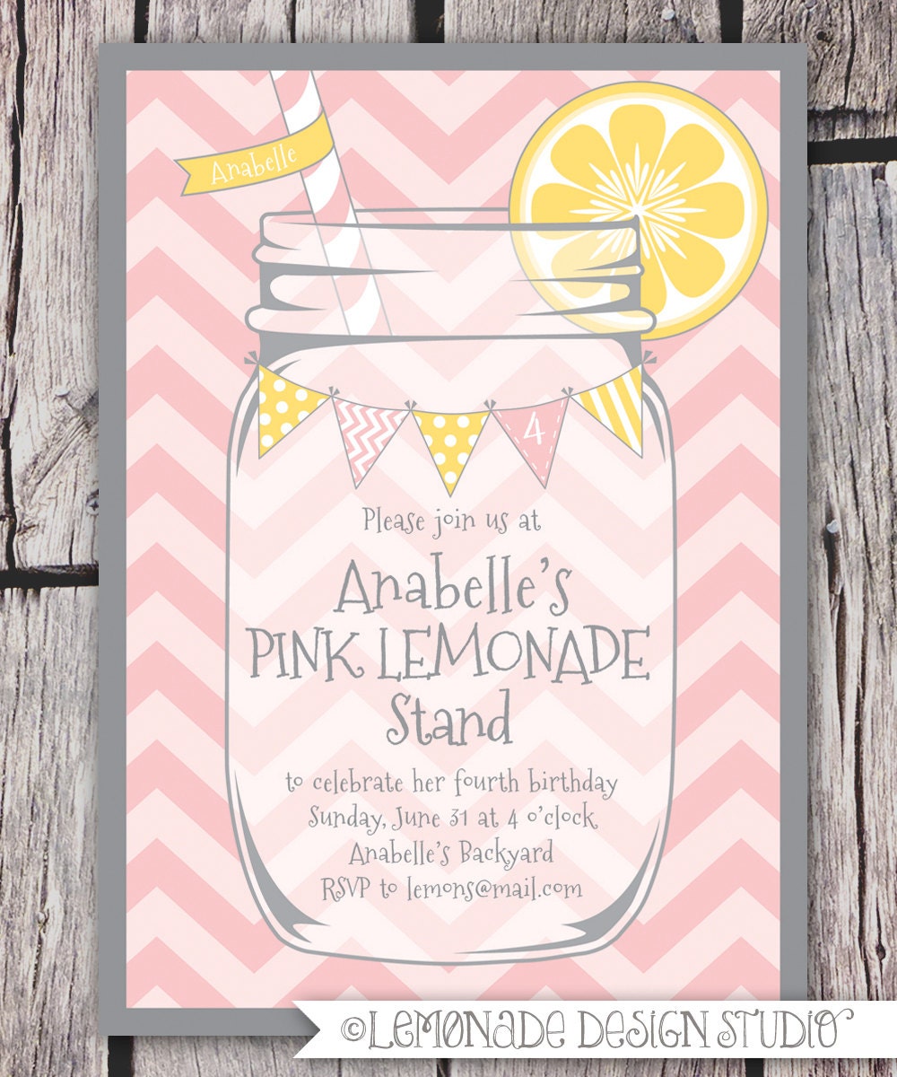 Lemonade Stand Party Invitation - Yellow Chevrons - Mason Jar - Bunting - Pink Lemonade Birthday Party Printable Invite - Bridal Shower -