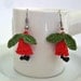 Handmade Crochet Earrings, Red Bell flowers, Green Leaves, Beaded Jewelry