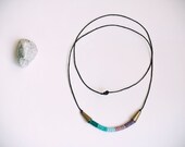 Dark green, sea green, pale blue, lilac & purple glass czech trade beads, long necklace.