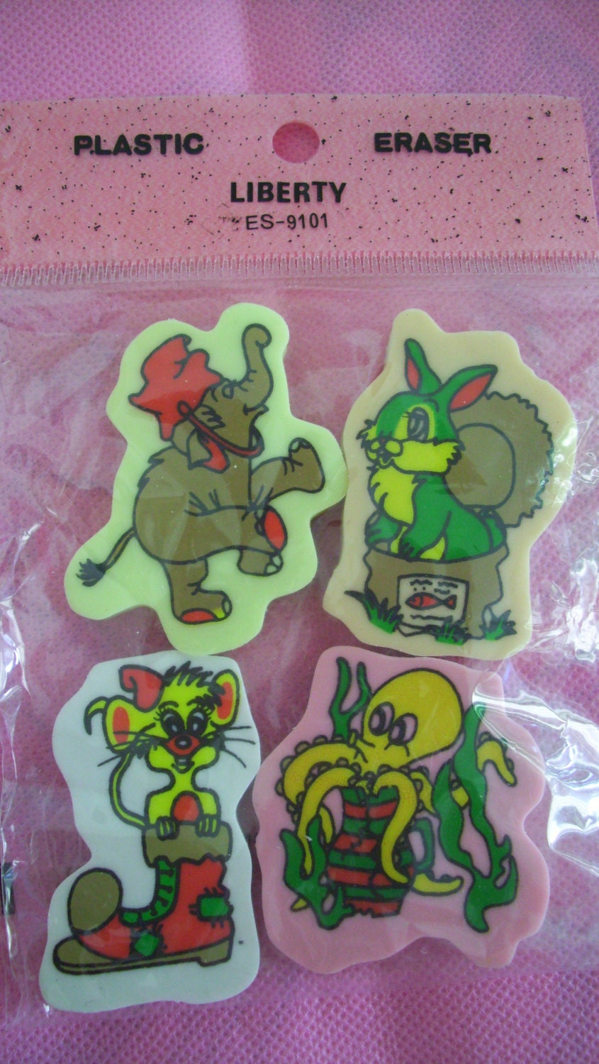 80s Animal Eraser Set by Liberty Vintage Pencil Rubbers Erasers Gommes Blossom team