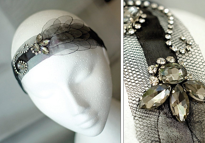 Retro headband. Prom headband. Prom accessories. Evening, party accessories. Evening, party black mesh & crystal headband. Retro accessories
