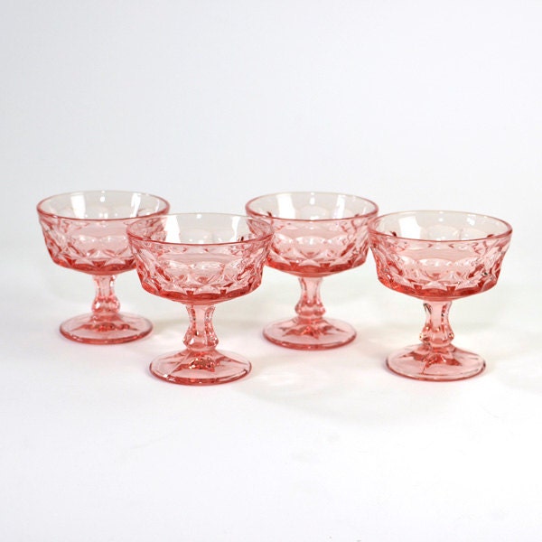 Pink Glass Goblet Set - Cups or Dessert Sundae Bowls, Pretty Shabby Chic - Vintage Home Kitchen Decor or Use