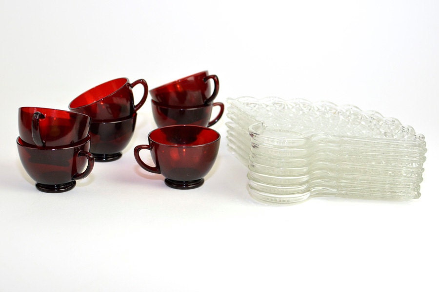 Royal Ruby Cups & Shell Fan Snack Plate Sets by Anchor Hocking - 7 SETS, 14 Pieces - Vintage Home Kitchen Party Decor or Use