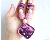 Sale Granny square Teething necklace & Babywearing crochet jewelry for breastfeeding mommy - colormix purple pink READY TO SHIP
