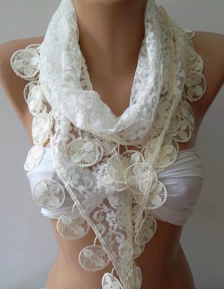 Pearl White - Elegance Shawl / Scarf with Lacy Edge,,,,