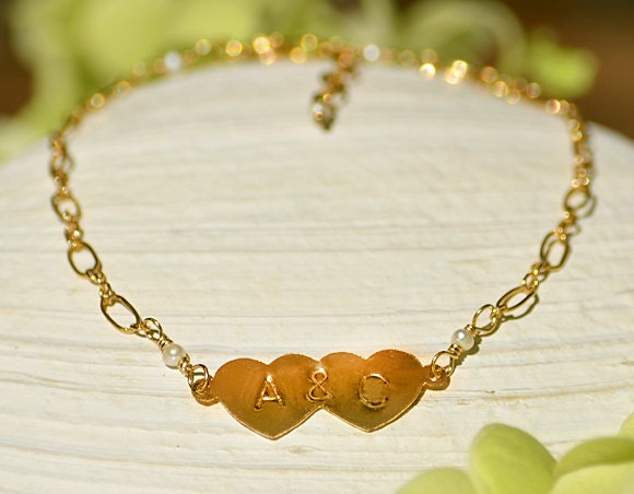 Personalized 14 K gold filled double heart charms initial bracelet - handstamped sweatheart braidsmaid wedding