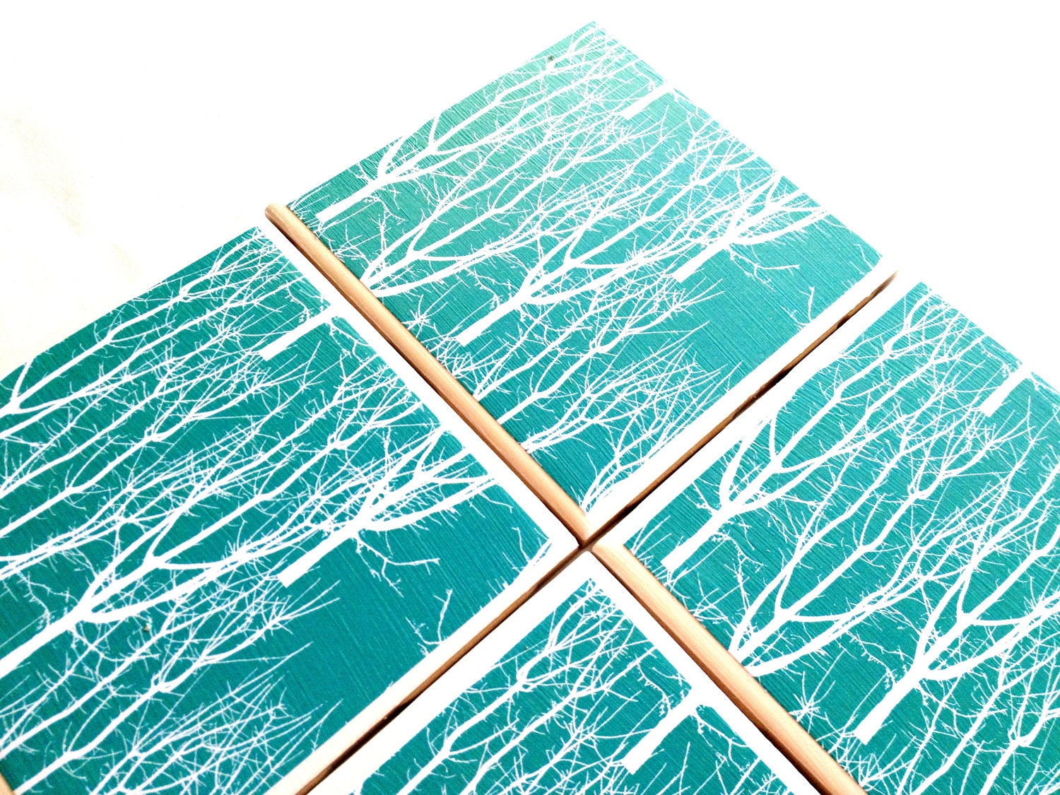 White Tree Coaster Set, Teal Blue Nature Print, Turquoise Ceramic Drink Tile