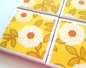 Yellow Flower Coasters, Ceramic Tile Set, White Flower, Floral Home Decor, Beverage Coaster