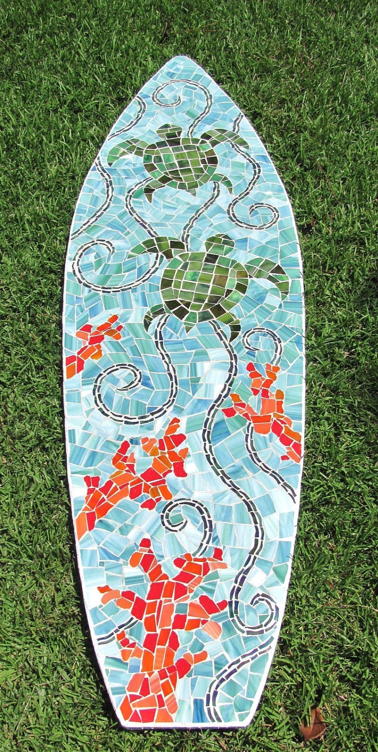 Stained Glass Mosaic Surfboard 5ft  Wall Art on Wood Base - Sea Turtles, Ocean and Coral