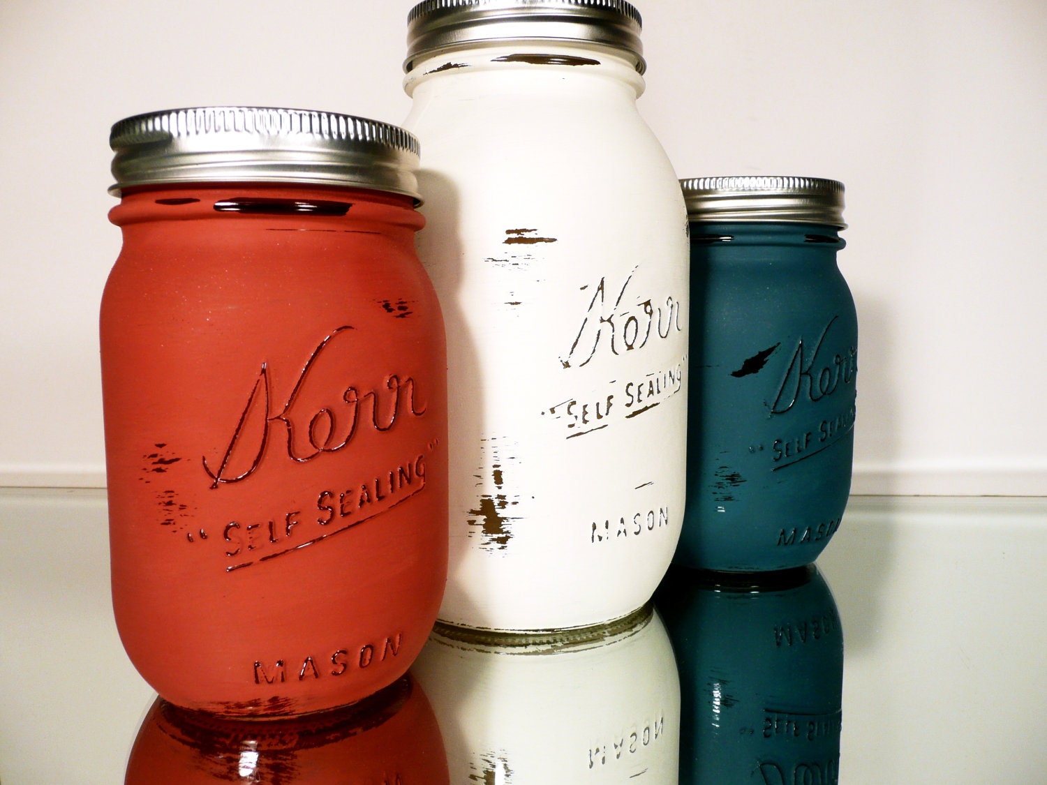 USA Red, White, Blue Painted Mason Jars - Vase - Shabby Chic and Distressed