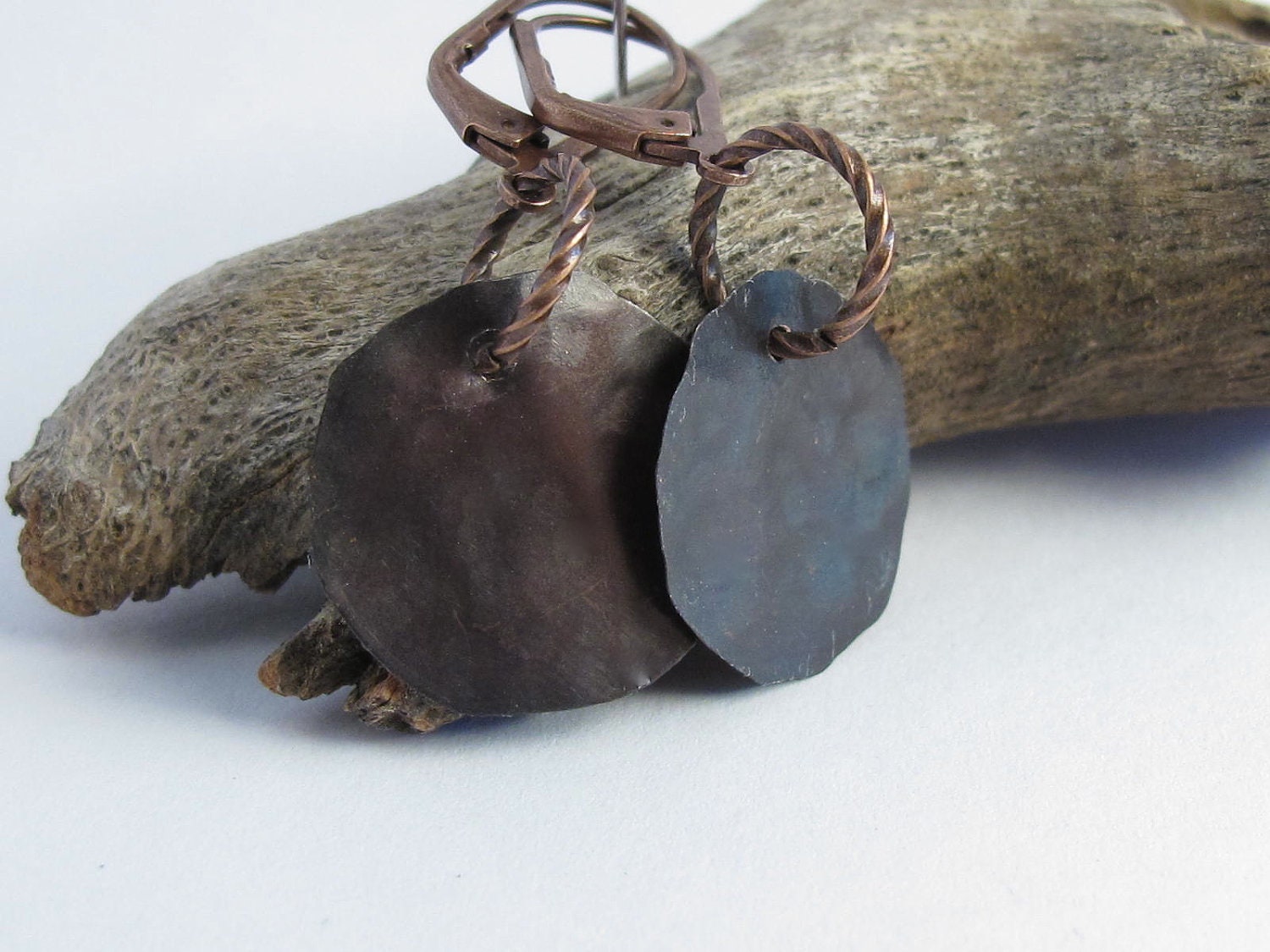 Hammered Copper Earrings Patina Dark Brown Black, Small Round, Dark Brown Copper Earwires
