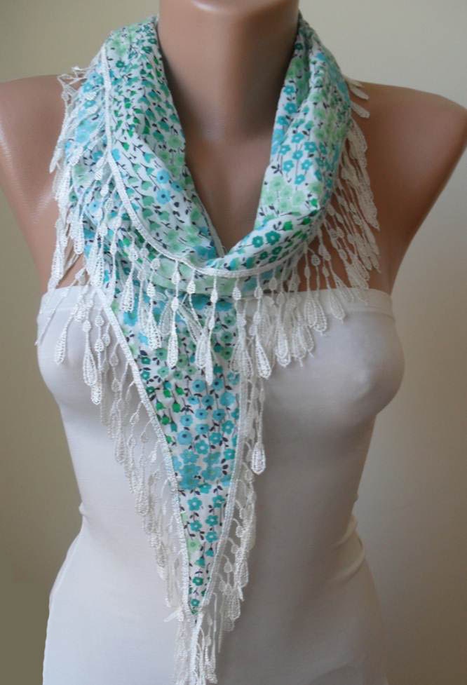 New - Mother's Day Gift - Green Flowered Scarf with White Trim Edge