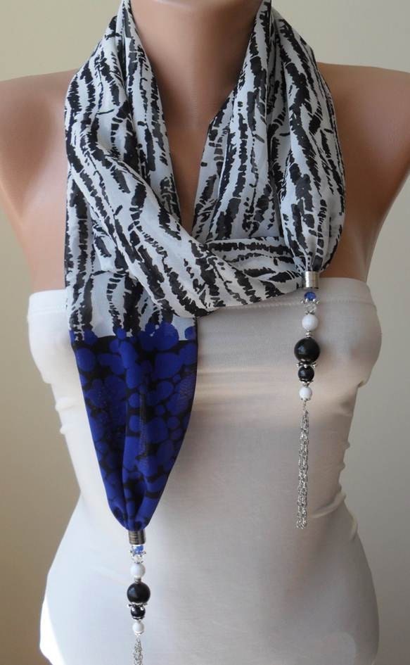 New - Mother's Day -Scarf Necklace - Jewelry Scarf - Black White and Blue Leopard - with Beads and Chain