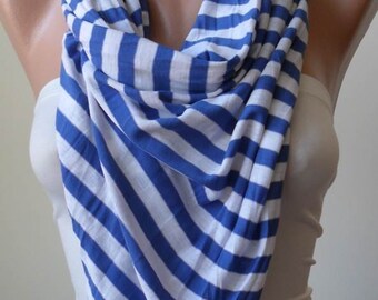 Blue and White Scarf -- Combed Cotton Fabric for Summer