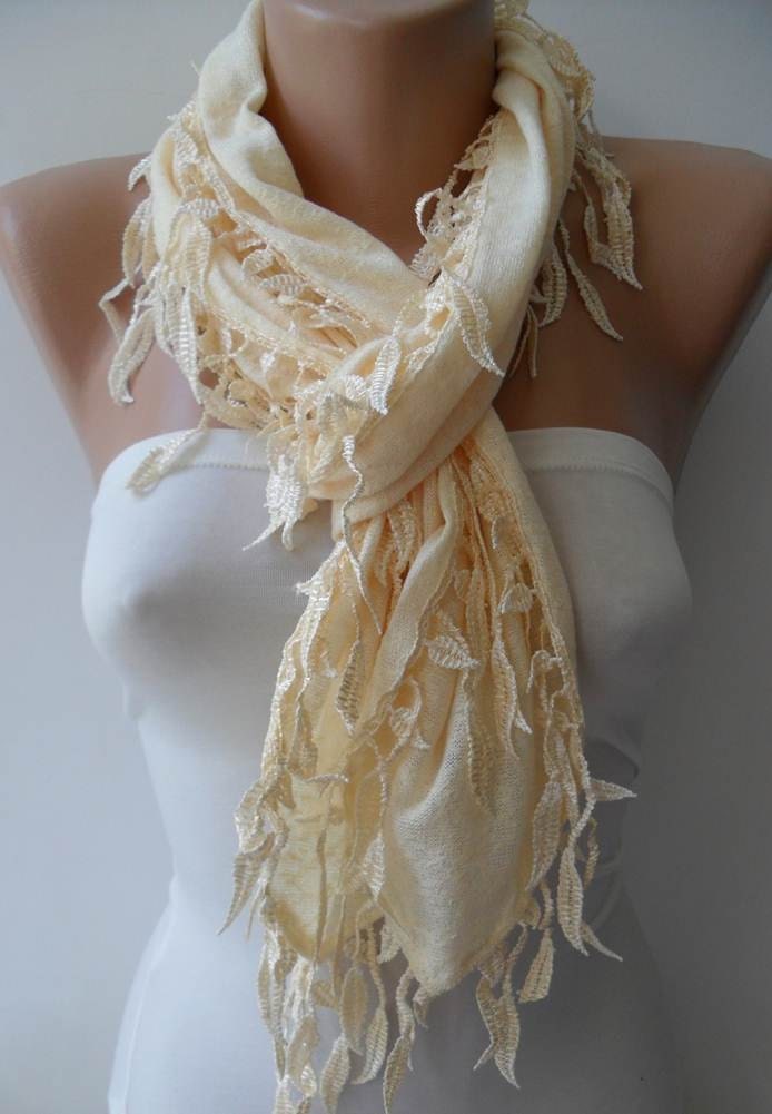 Beige Scarf with Trim Edge Shaped Leaves