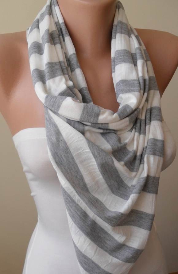 New - Mother's Day - Striped Scarf - Light Grey and Off-White Striped Scarf - Combed Cotton