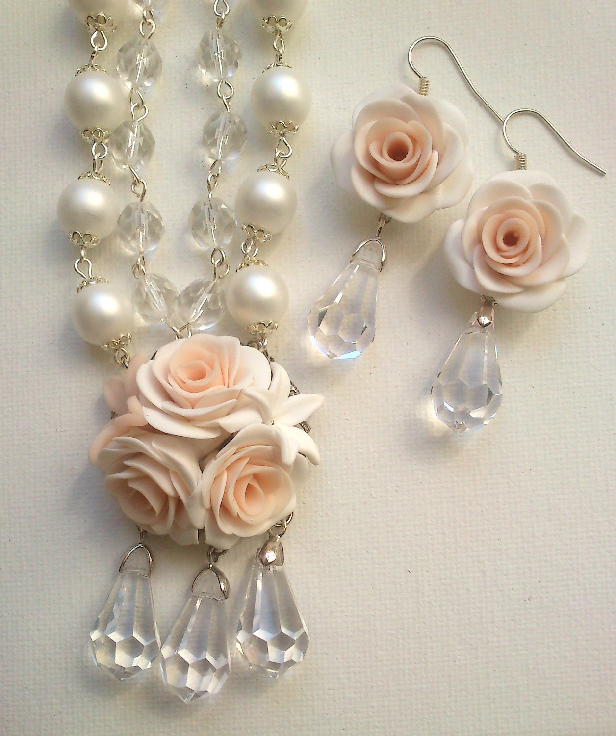 Pearl jewelry  - Peach rose necklace and earrings