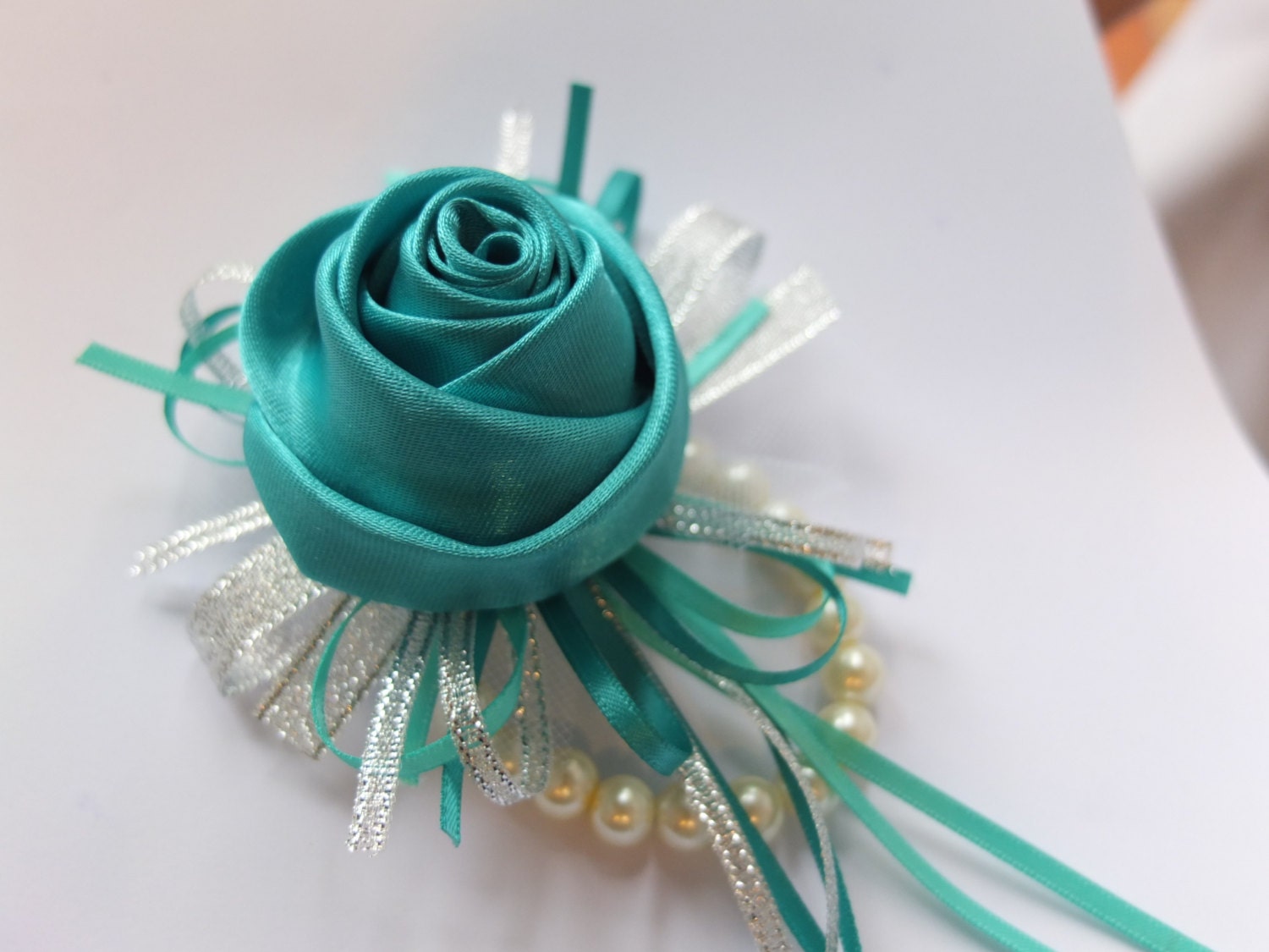 Wrist Corsage, Teal/Jade Satin Rose, bridesmaid Corsage