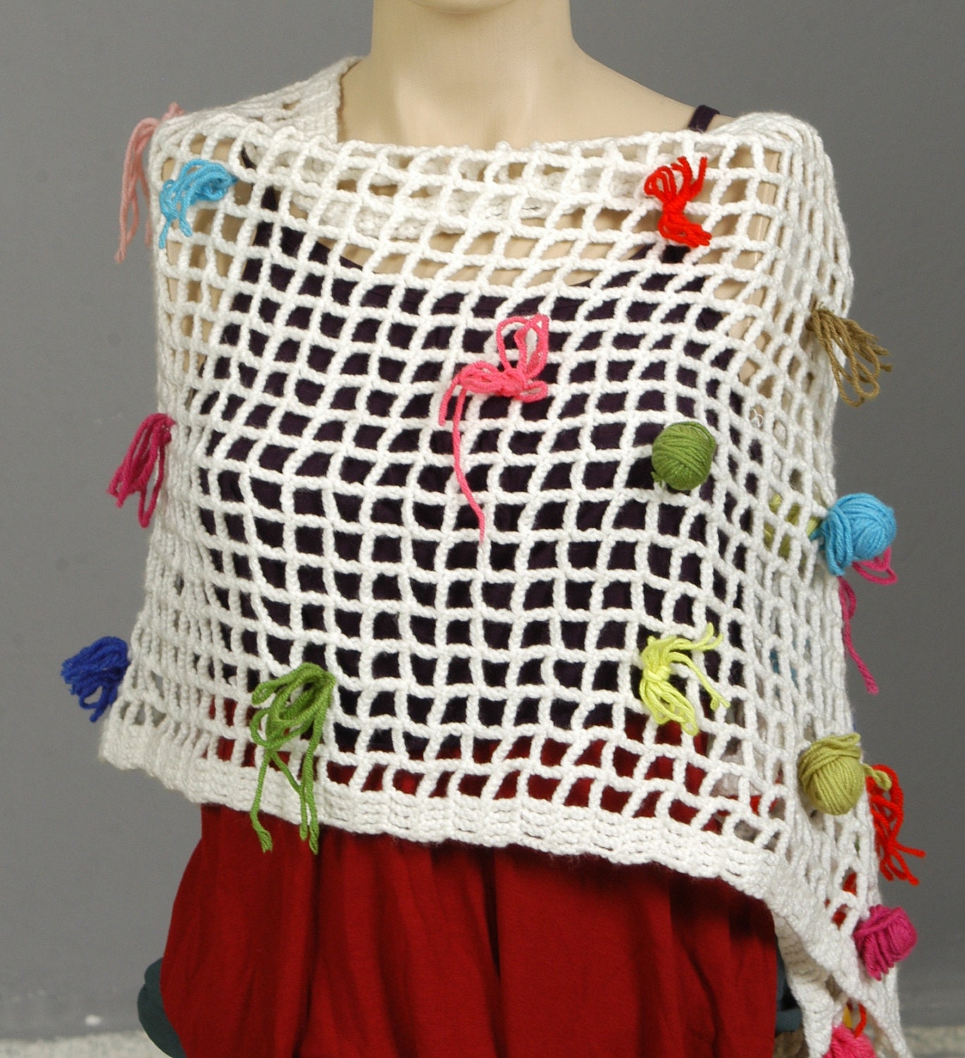 Hand crochet white rectangle shawl, crochet throw, capelet, gift for her
