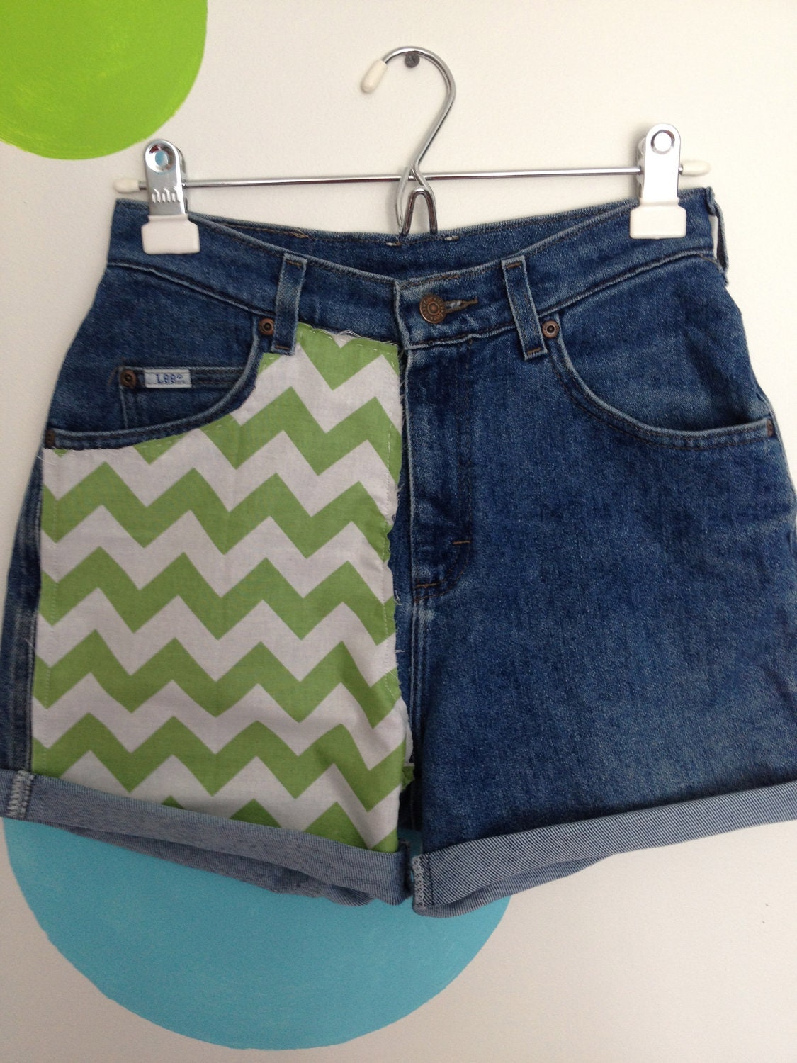 High Waisted Jean Shorts with Green Chevron Fabric