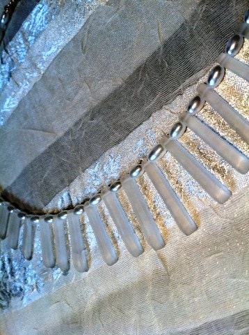 Frosty Clear Sea Glass & Freshwater Pearl Fan Necklace Dagger Cleopatra Collar