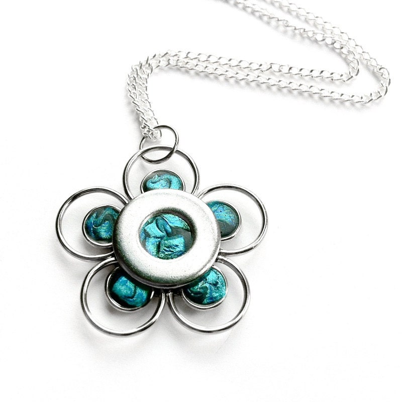 Teal Necklace Flower, Silver and Teal Jewelry, Cool Necklace, Gift for Girlfriend, Flower Pendant, Silver Necklace