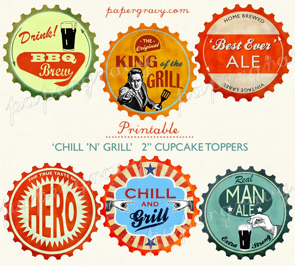 PRINTABLE BBQ and BEER barbecue cupcake toppers Retro bottle tops Il_570xn