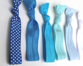 New 6 pcs Elastic Hair Tie - Blue Set - Blue Polka Dot, Turquoise, Dark Tuquoise, Aqua, Baby Blue and White - Toddler to Adult