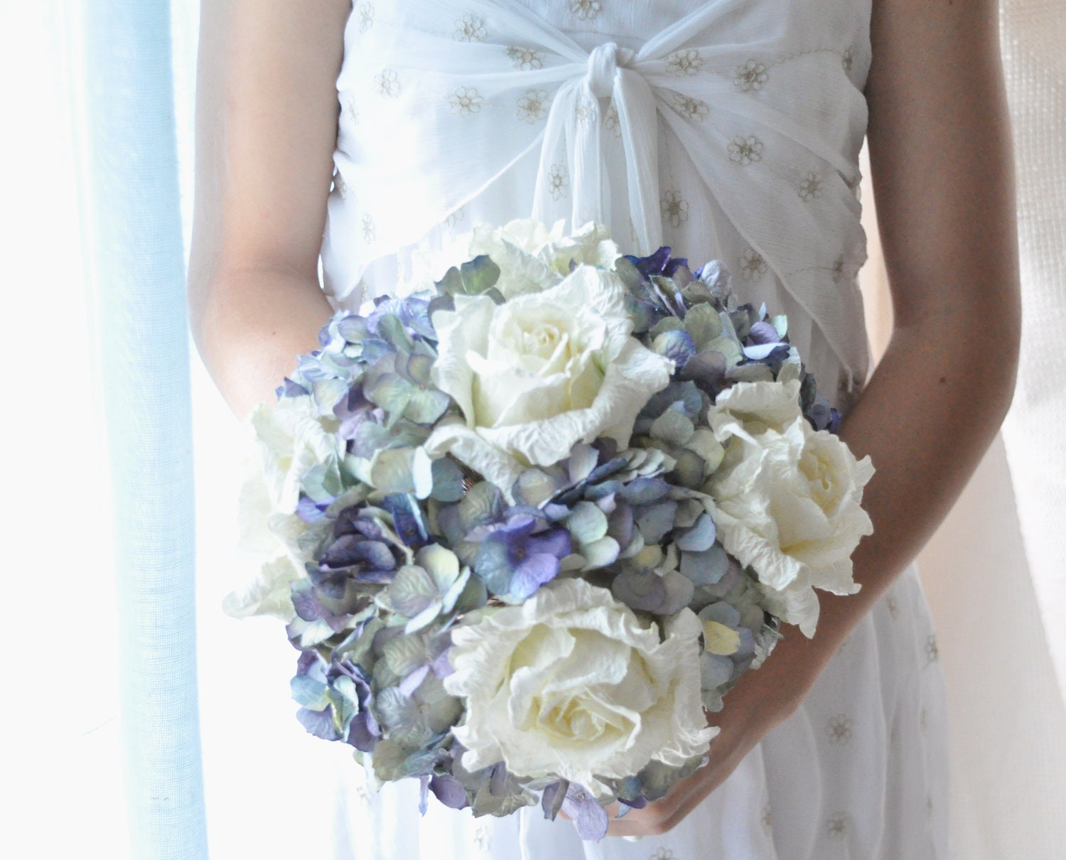 Something Blue paper bouquet wedding flowers, ocean blue paper wedding bouquet, soft blue paper flowers