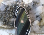 Reversible BlueTiger Eye Pendant Unisex Solid Sterling Silver 930 Wire Wrapped in Argentium Anti-tarnish