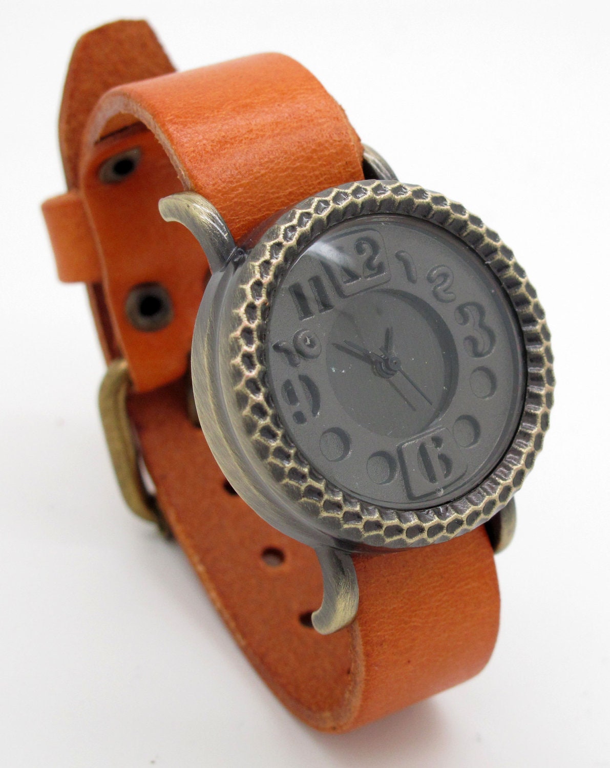 Handmade Wrapped Black Leather Bracelet Retro Number Watch