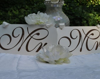Wedding Signs, Mr and Mrs Hand painted, Engraved, wedding signs made of walnut