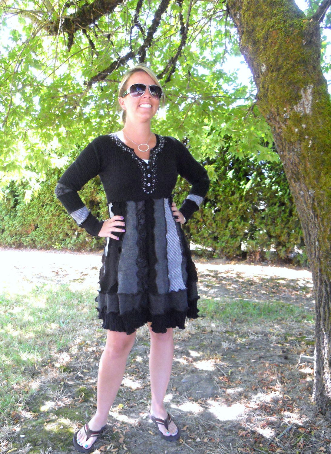 Recycled Sweater Dress Small Medium Upcycled Clothing Black and Grey Ready to Ship
