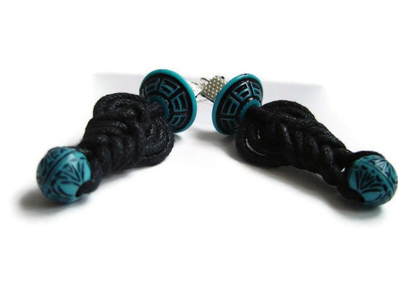 Knot earrings, black dangle earrings,statement earrings, macrame, Black&Turquoise, beaded earrings, gift for her, OOAK