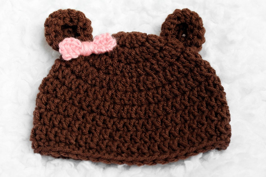 Girl Bear Crochet Hat // Pink Bow // Newborn