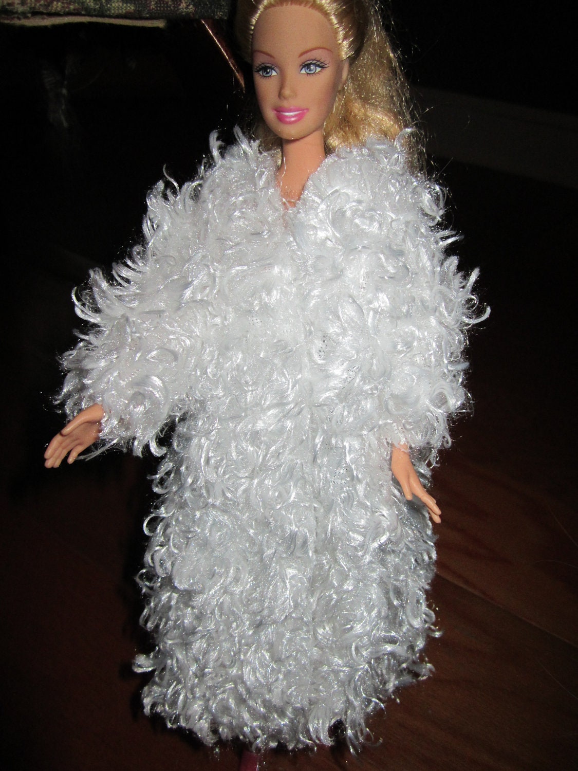 Barbie doll fashion doll curly white sweater coat mid calf length