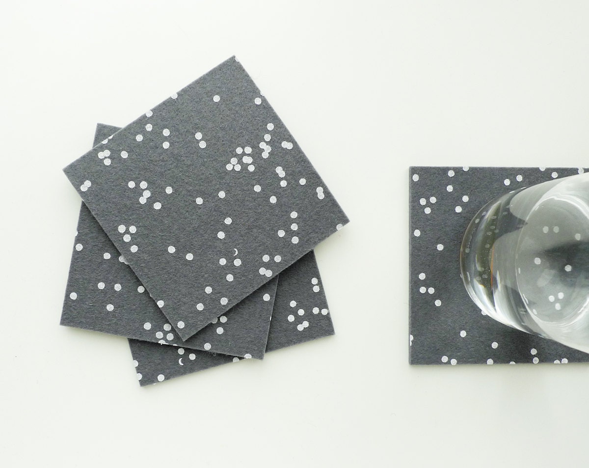Grey Confetti Felt Coasters - Set of four - White Confetti Pattern on Charcoal Grey Felt