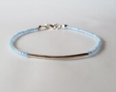 Silver Bar Beaded Bracelet - Light Blue Seed Beads Bracelet with Silver Color Arc Tube Bead - Friendship bracelet