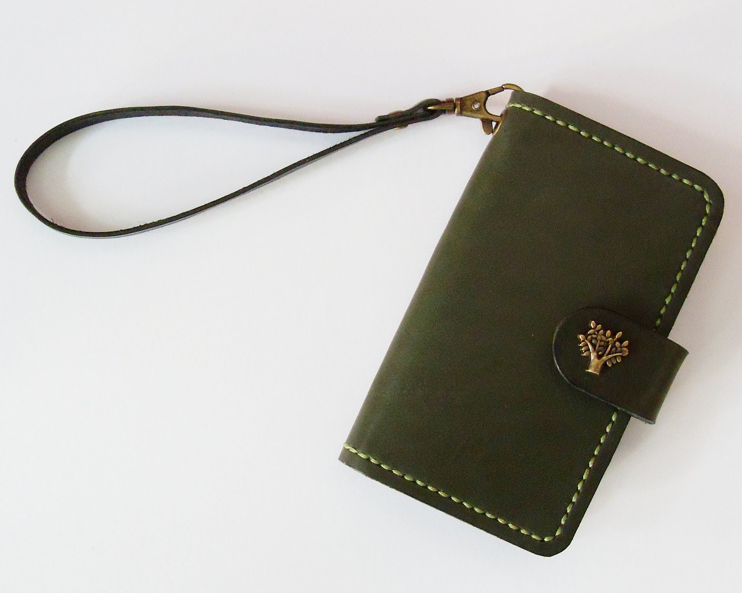 iPhone 5 Wallet - Leather iPhone 5 Case with Tree Button Snap in Green - for iPhone 5 - Handmade and Hand Stitched - Free Monogram