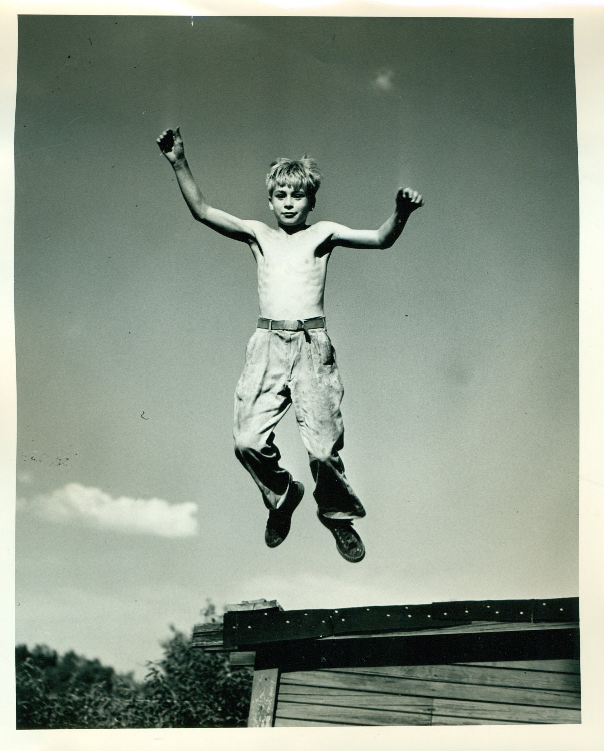Young boy Jumping off Shed-Vintage Amateur 8x10 Black & White Original Photo Muskegon MI 1950s
