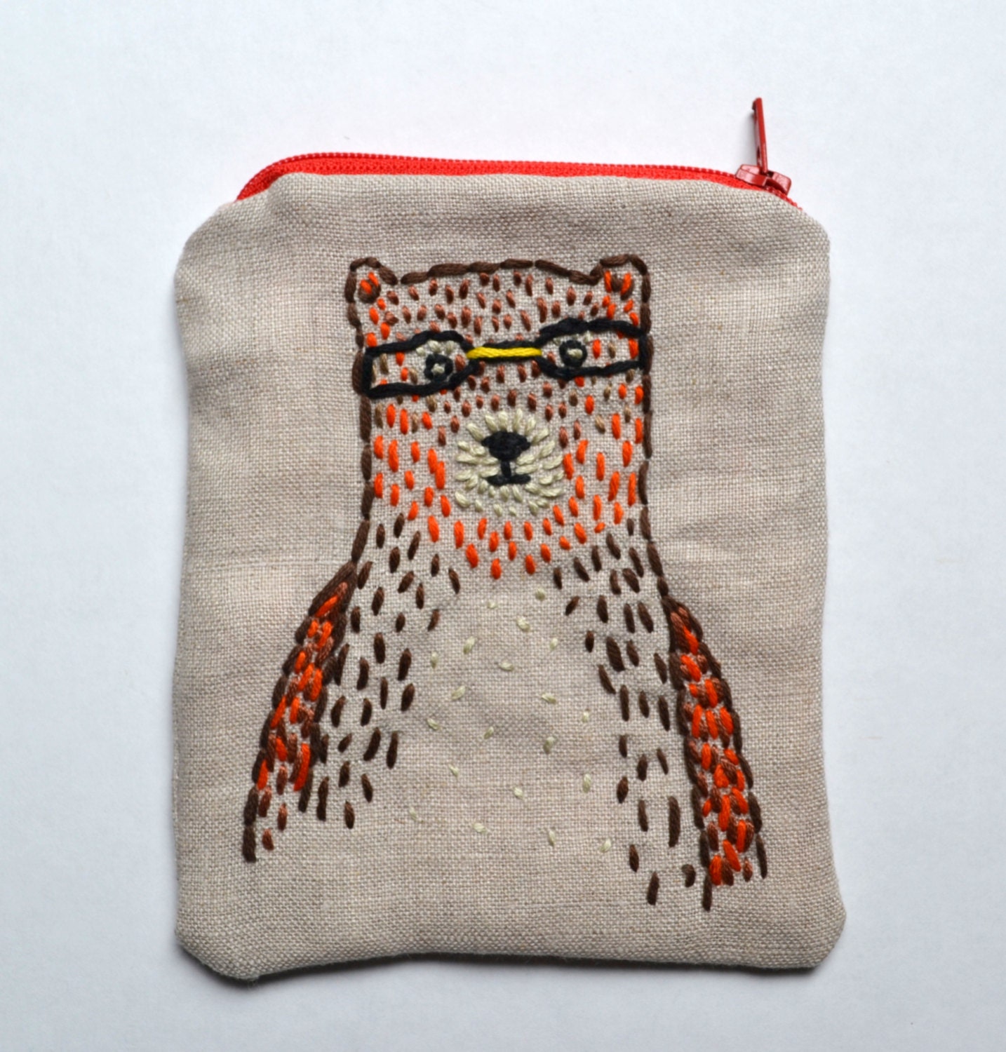 Hand Embroidered Zipper Pouch Bear with Glasses Linen Coin Purse iPhone or Gadget case