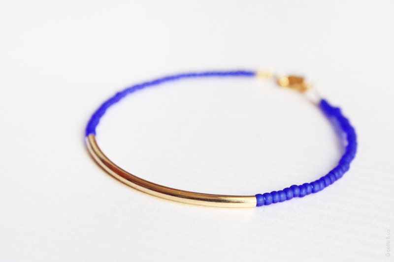cobalt gold bar bracelet - minimalist jewelry - beaded friendship bracelet