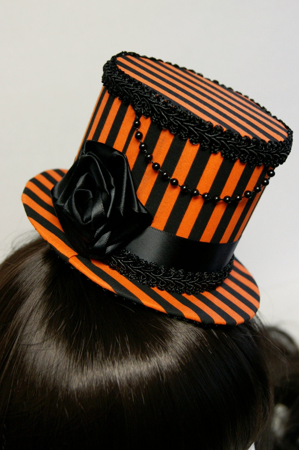 Halloween Orange and Black Striped Rose Gothic Mini Top Hat - Made to Order