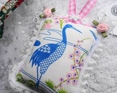 Christmas Crane Bird Tropical Holiday Pink White and Green Lotus and Cherry Blossom Flowers Handmade Fabric Christmas Tree Holiday Ornament